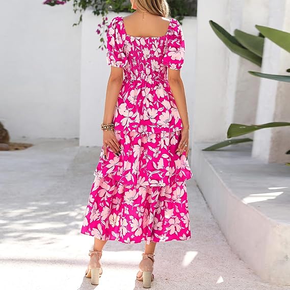 ⏰Summer Hot Sale 70% OFF💃Women's Floral Square Neck Puff Short Sleeve Smocked Tiered Dress