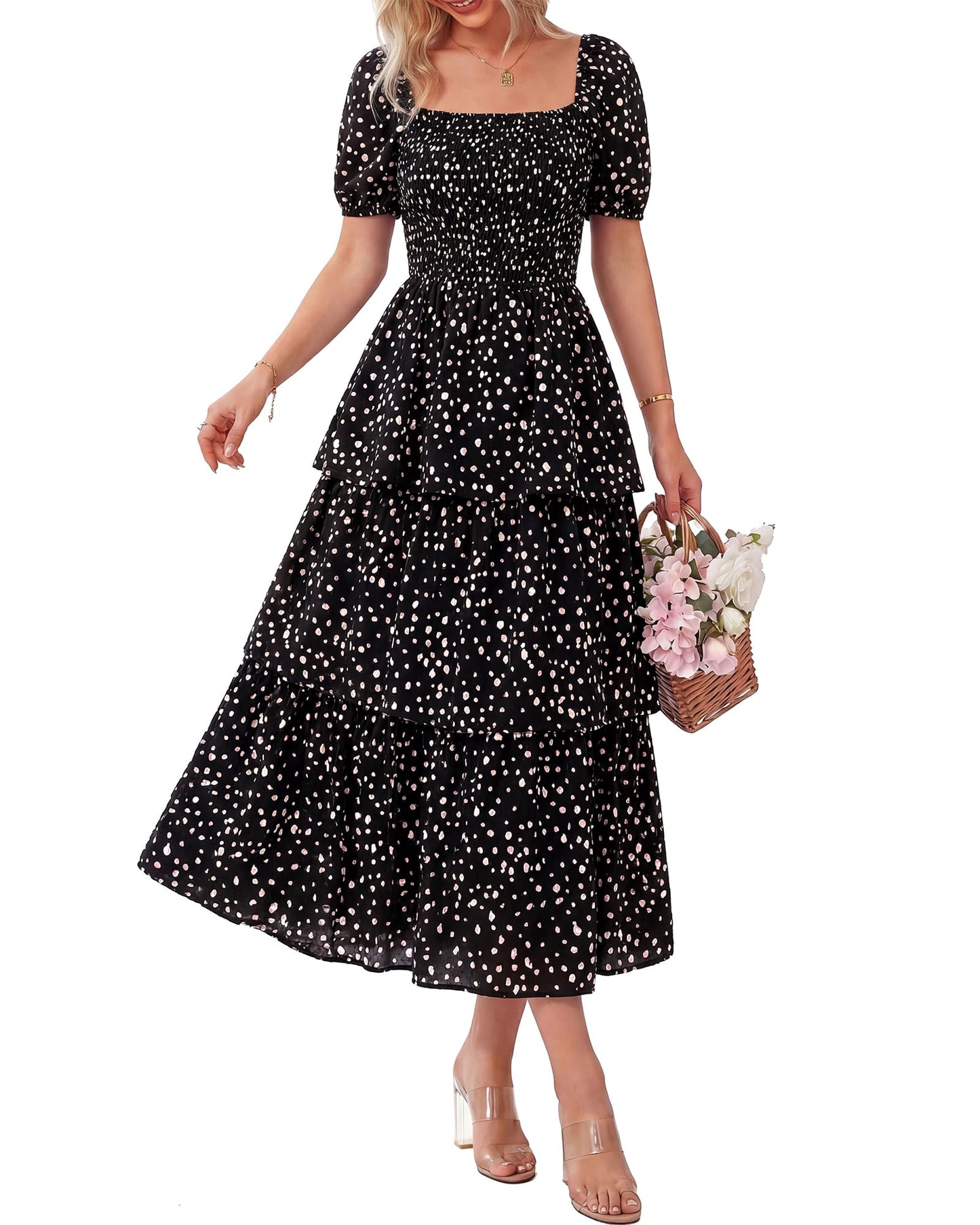 ⏰Summer Hot Sale 70% OFF💃Women's Floral Square Neck Puff Short Sleeve Smocked Tiered Dress