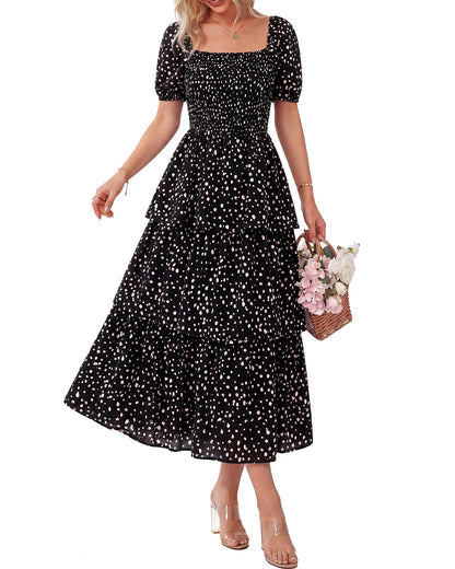 ⏰Summer Hot Sale 70% OFF💃Women's Floral Square Neck Puff Short Sleeve Smocked Tiered Dress