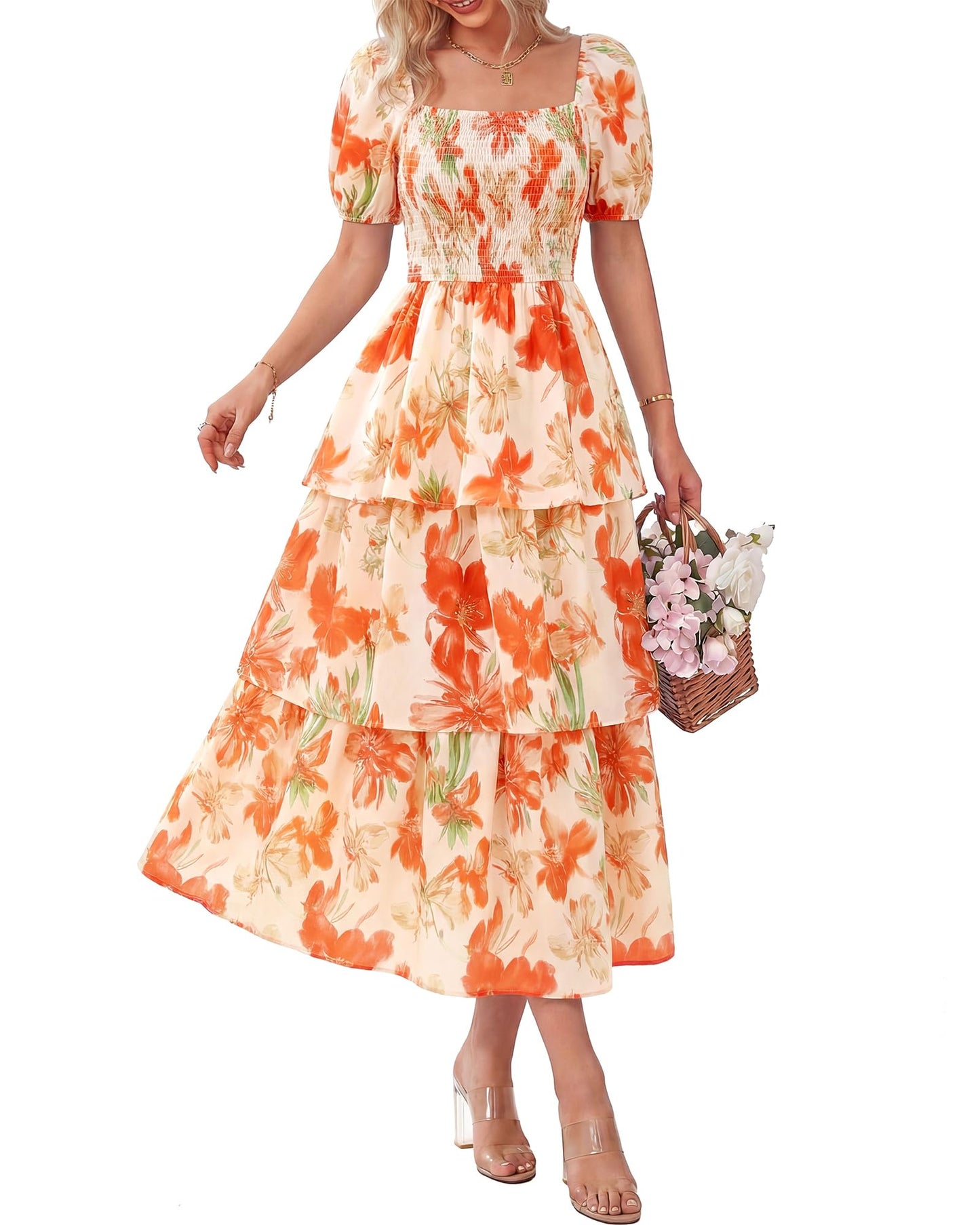 ⏰Summer Hot Sale 70% OFF💃Women's Floral Square Neck Puff Short Sleeve Smocked Tiered Dress
