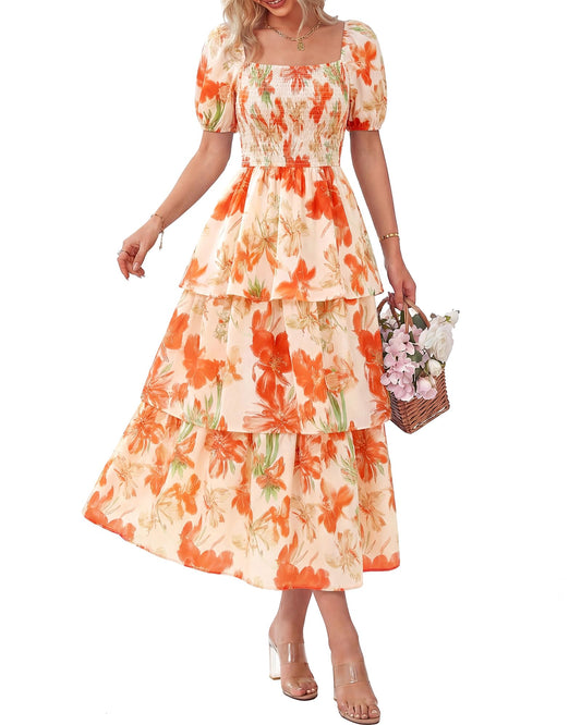 ⏰Summer Hot Sale 70% OFF💃Women's Floral Square Neck Puff Short Sleeve Smocked Tiered Dress