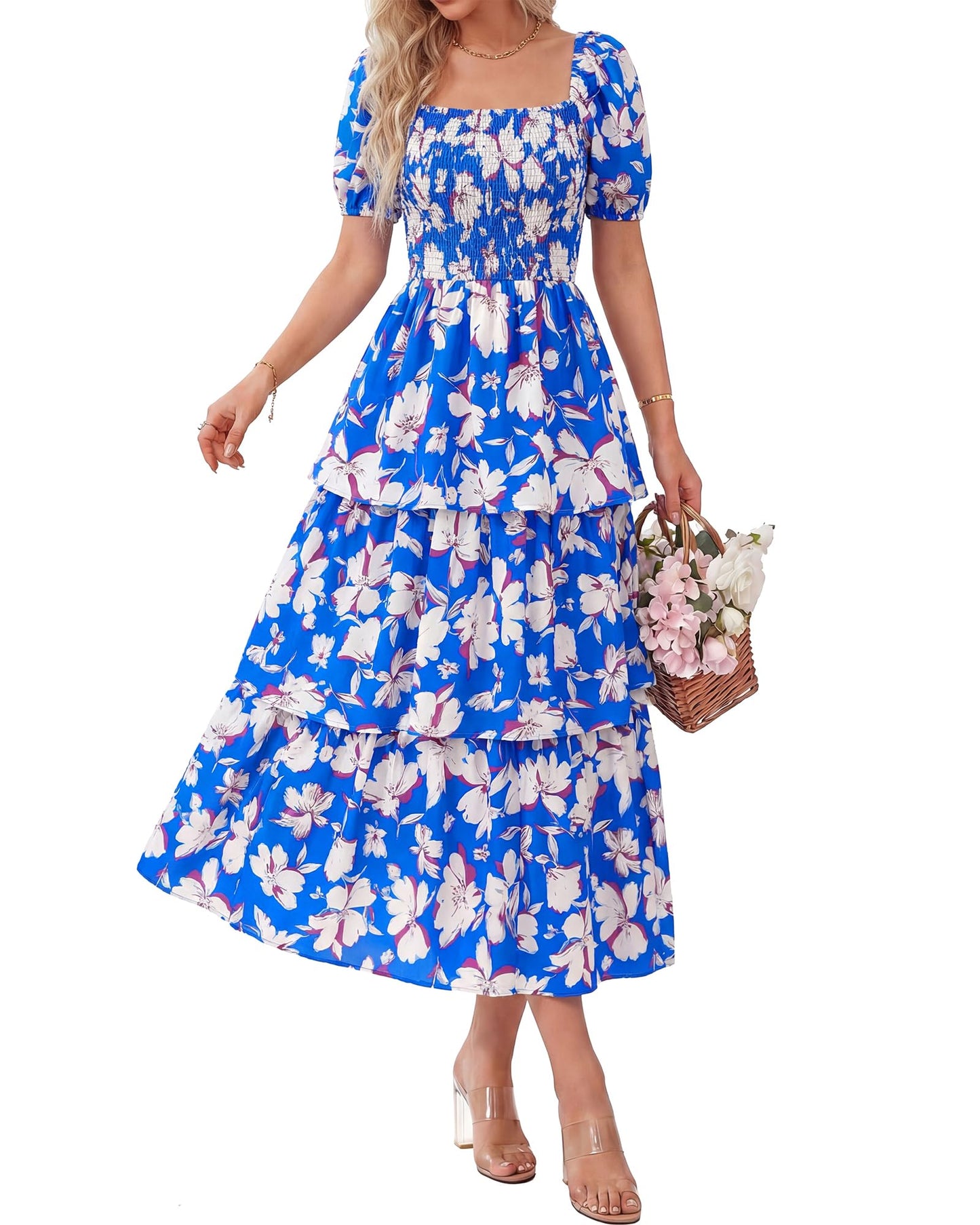 ⏰Summer Hot Sale 70% OFF💃Women's Floral Square Neck Puff Short Sleeve Smocked Tiered Dress