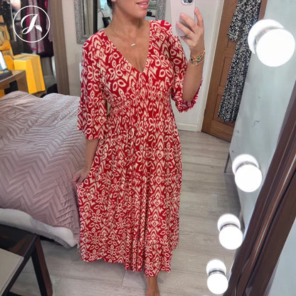 💖LAST DAY SALE 50% OFF💖Bohemian casual print V-neck waist wrap long dress