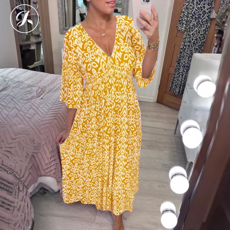 💖LAST DAY SALE 50% OFF💖Bohemian casual print V-neck waist wrap long dress
