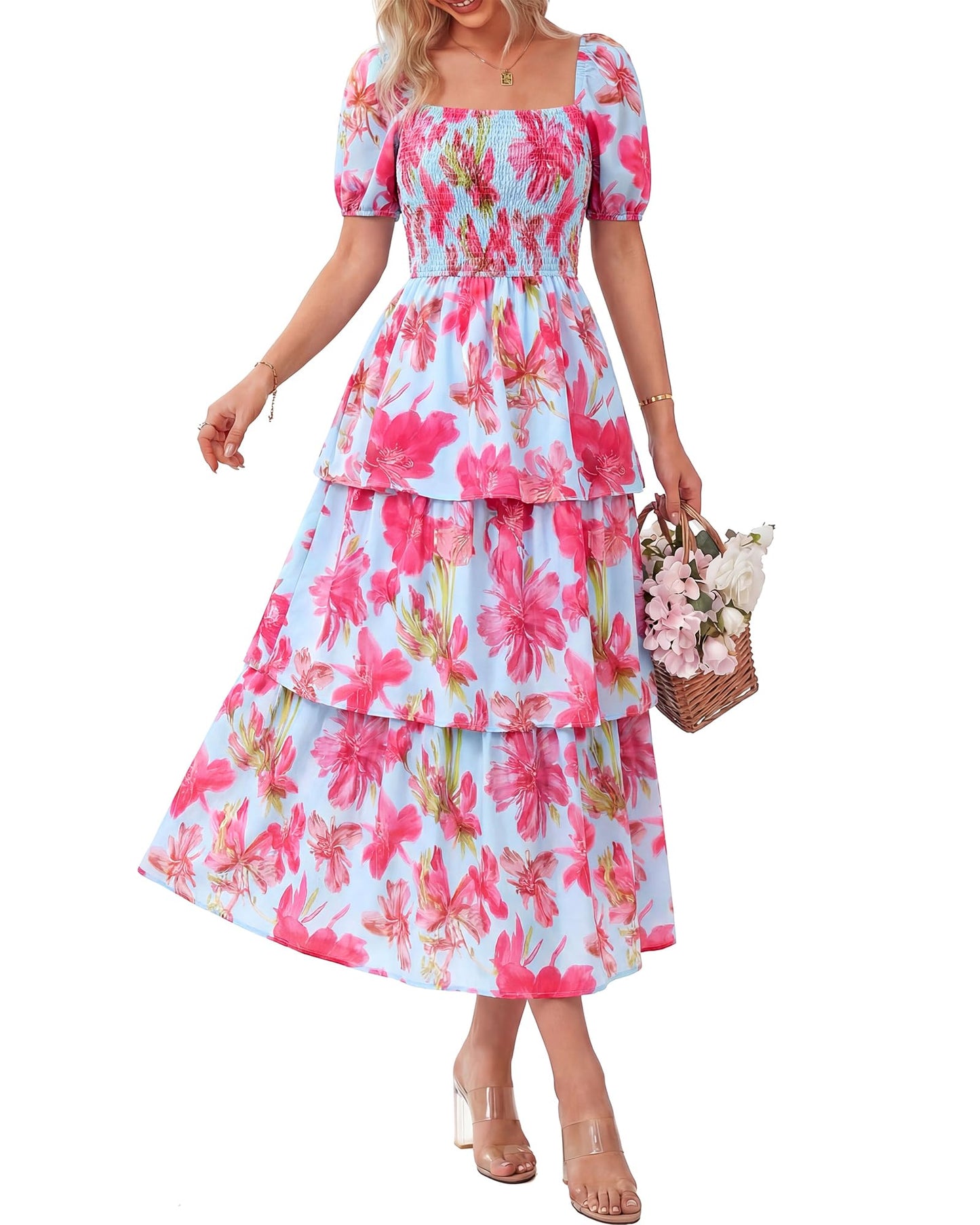 ⏰Summer Hot Sale 70% OFF💃Women's Floral Square Neck Puff Short Sleeve Smocked Tiered Dress