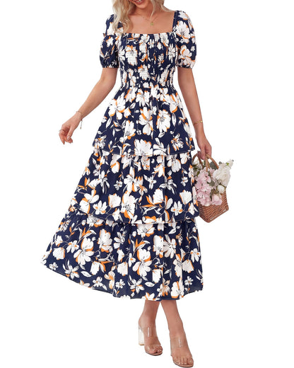 ⏰Summer Hot Sale 70% OFF💃Women's Floral Square Neck Puff Short Sleeve Smocked Tiered Dress