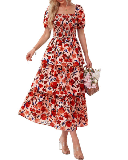 ⏰Summer Hot Sale 70% OFF💃Women's Floral Square Neck Puff Short Sleeve Smocked Tiered Dress