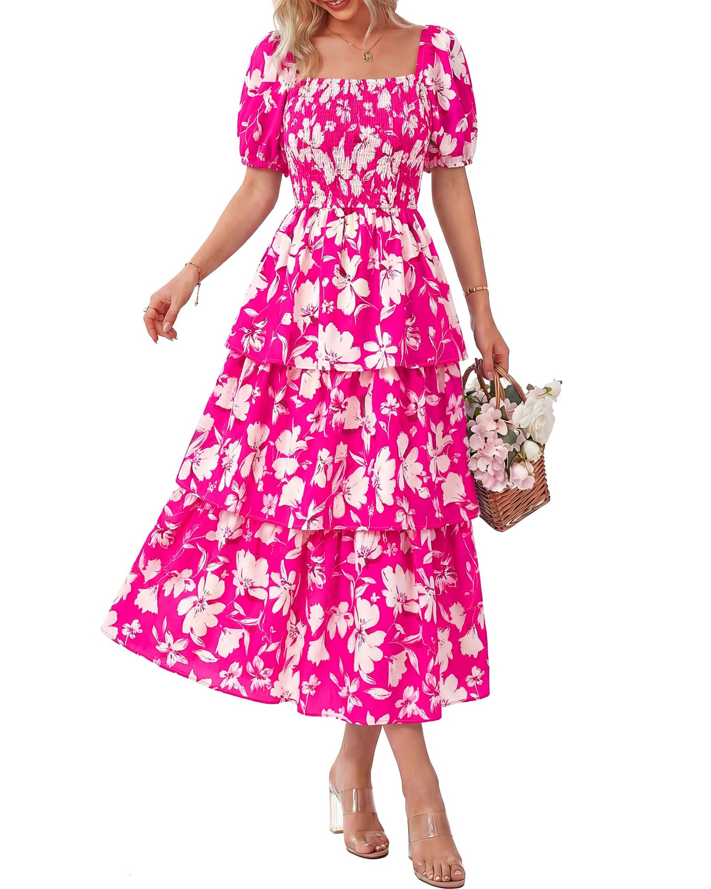 ⏰Summer Hot Sale 70% OFF💃Women's Floral Square Neck Puff Short Sleeve Smocked Tiered Dress