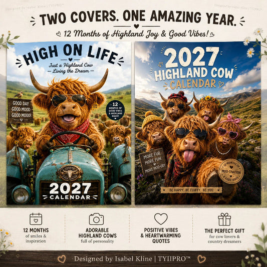 2027 Funny Highland Cow Wall Calendar | A4 Hanging Calendar | Designed by Isabel Kline