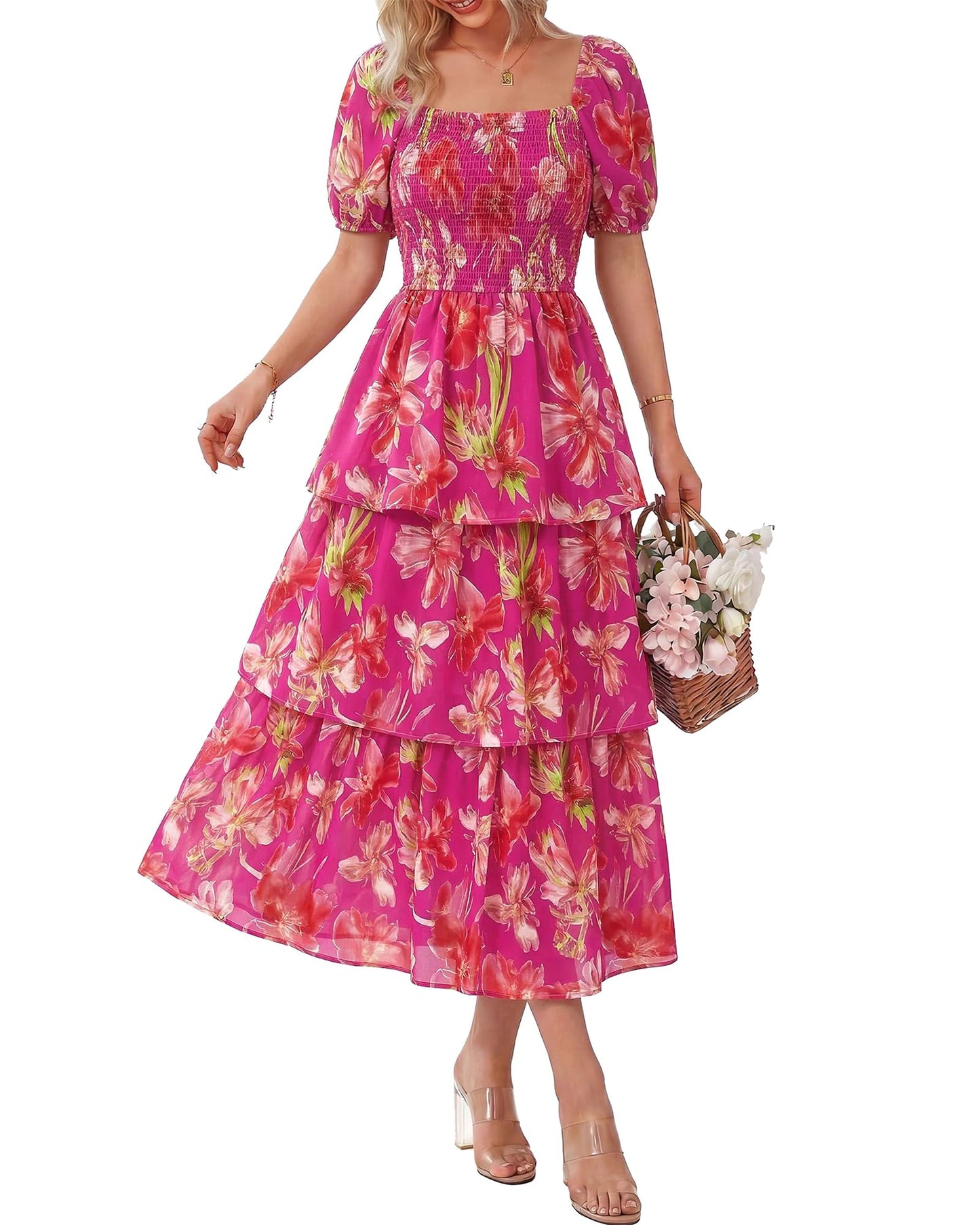 ⏰Summer Hot Sale 70% OFF💃Women's Floral Square Neck Puff Short Sleeve Smocked Tiered Dress