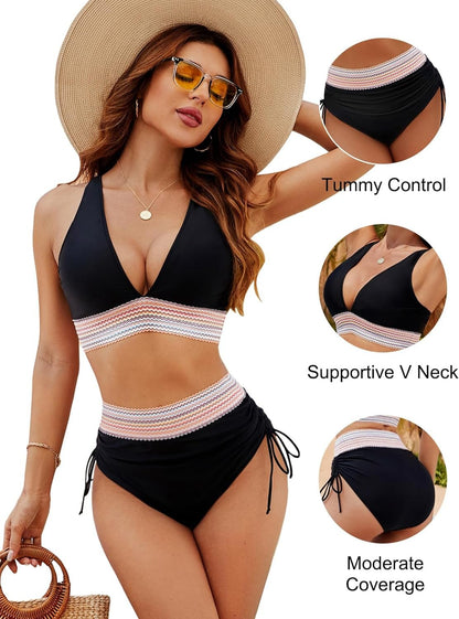 ⏰2026 Summer Hot Sale 60% OFF⏳High Waisted Tummy Control Color Block Bikini Set With Free Sunglass🕶️