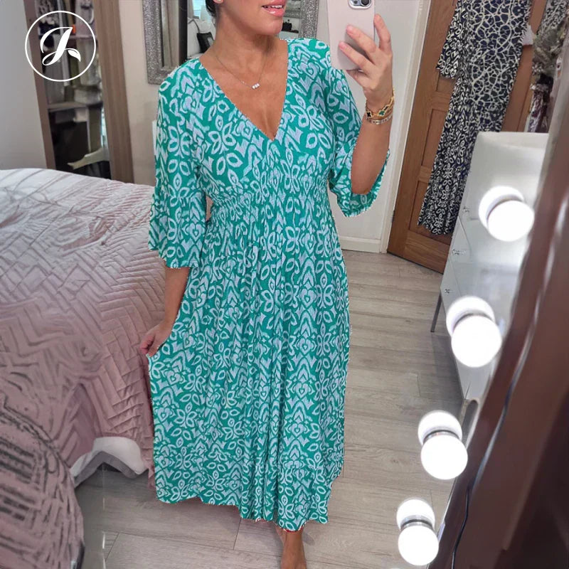 💖LAST DAY SALE 50% OFF💖Bohemian casual print V-neck waist wrap long dress