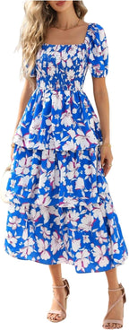 ⏰Summer Hot Sale 70% OFF💃Women's Floral Square Neck Puff Short Sleeve Smocked Tiered Dress