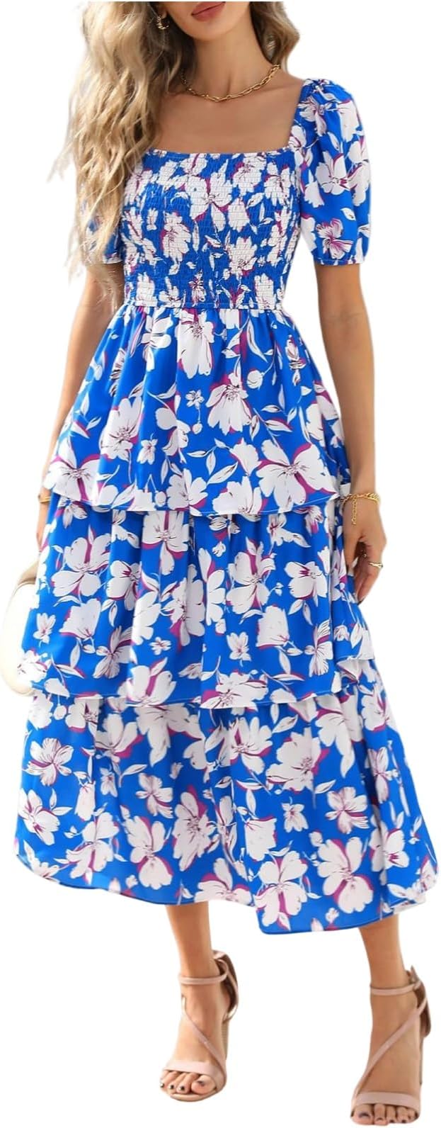 ⏰Summer Hot Sale 70% OFF💃Women's Floral Square Neck Puff Short Sleeve Smocked Tiered Dress