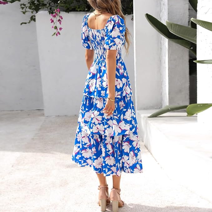⏰Summer Hot Sale 70% OFF💃Women's Floral Square Neck Puff Short Sleeve Smocked Tiered Dress