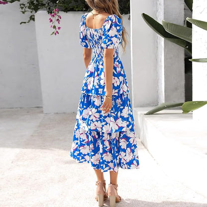 ⏰Summer Hot Sale 70% OFF💃Women's Floral Square Neck Puff Short Sleeve Smocked Tiered Dress