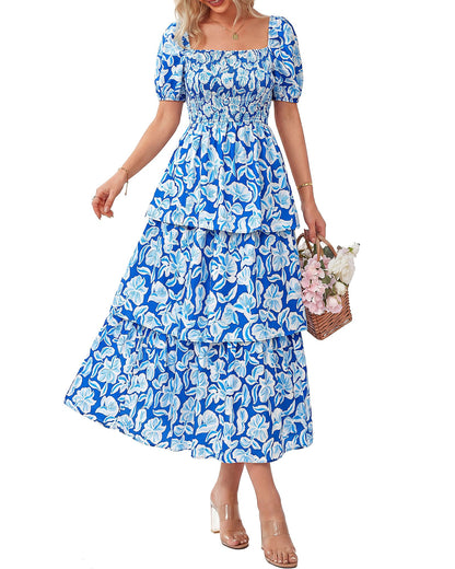 ⏰Summer Hot Sale 70% OFF💃Women's Floral Square Neck Puff Short Sleeve Smocked Tiered Dress