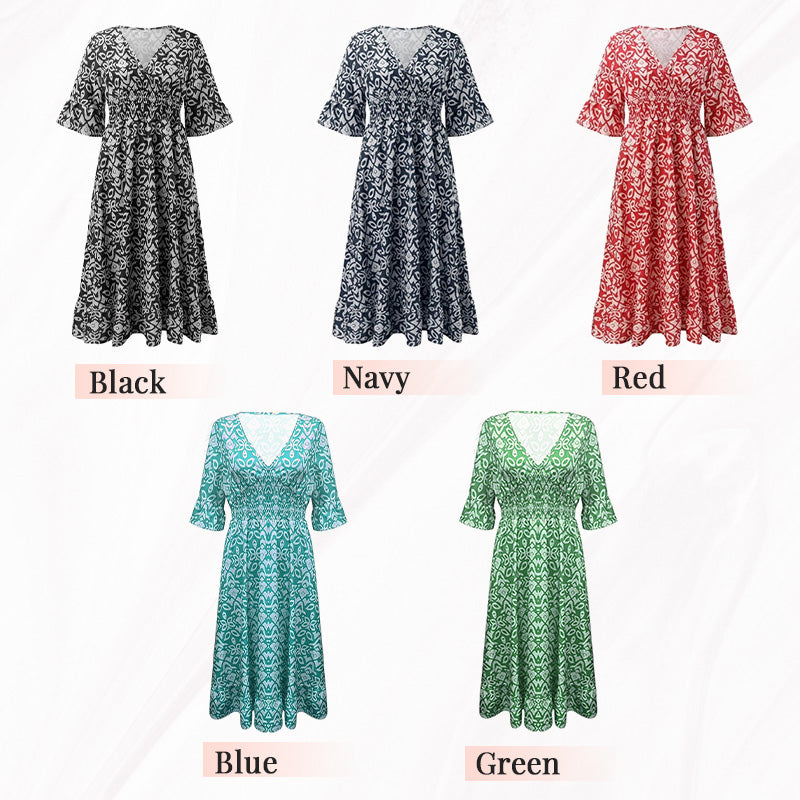 💖LAST DAY SALE 50% OFF💖Bohemian casual print V-neck waist wrap long dress