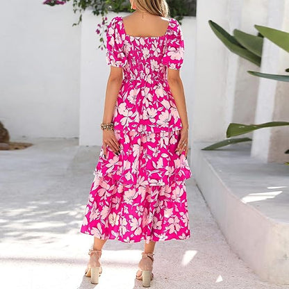 ⏰Summer Hot Sale 70% OFF💃Women's Floral Square Neck Puff Short Sleeve Smocked Tiered Dress