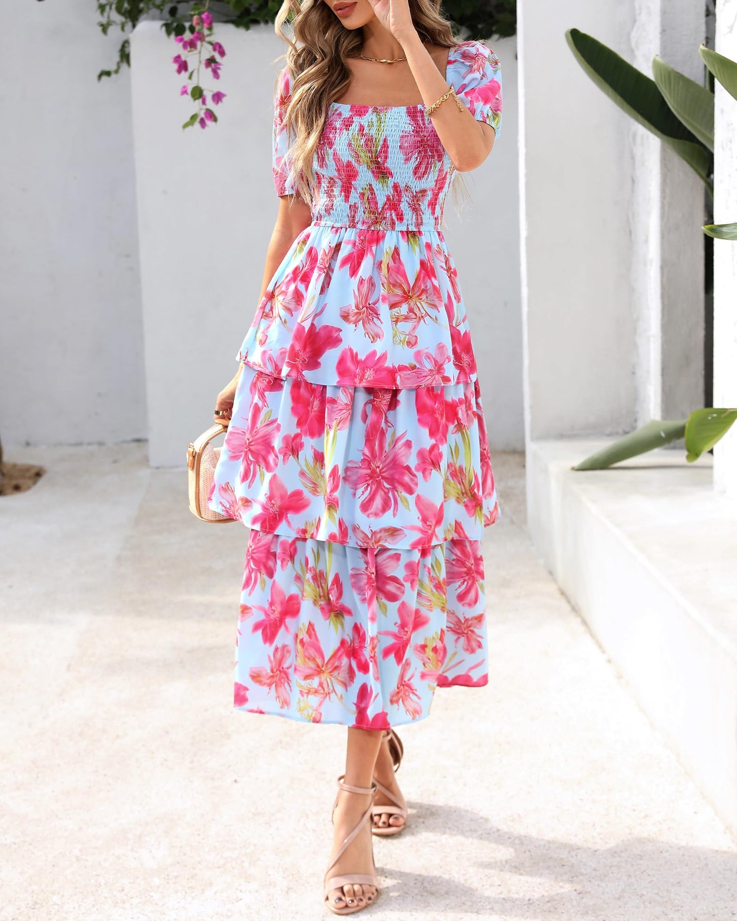 ⏰Summer Hot Sale 70% OFF💃Women's Floral Square Neck Puff Short Sleeve Smocked Tiered Dress