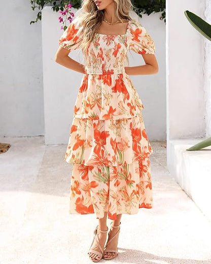 ⏰Summer Hot Sale 70% OFF💃Women's Floral Square Neck Puff Short Sleeve Smocked Tiered Dress