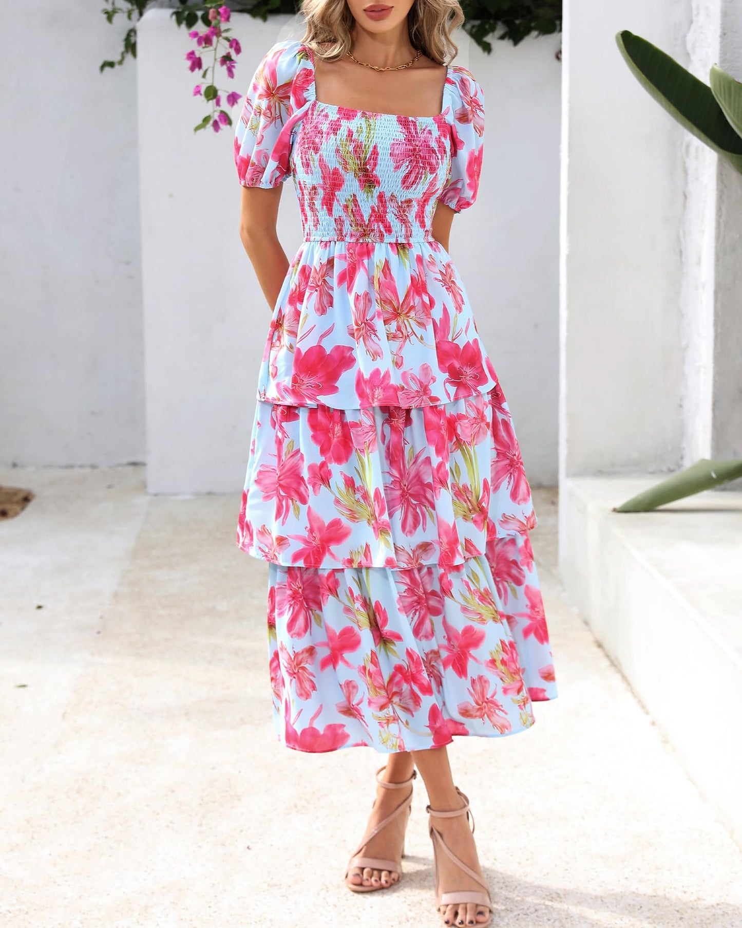 ⏰Summer Hot Sale 70% OFF💃Women's Floral Square Neck Puff Short Sleeve Smocked Tiered Dress
