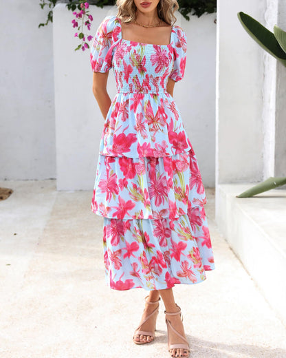⏰Summer Hot Sale 70% OFF💃Women's Floral Square Neck Puff Short Sleeve Smocked Tiered Dress