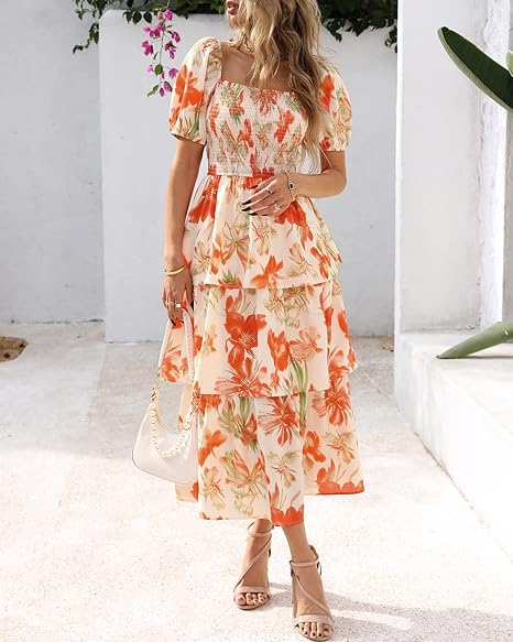⏰Summer Hot Sale 70% OFF💃Women's Floral Square Neck Puff Short Sleeve Smocked Tiered Dress