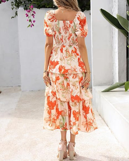 ⏰Summer Hot Sale 70% OFF💃Women's Floral Square Neck Puff Short Sleeve Smocked Tiered Dress