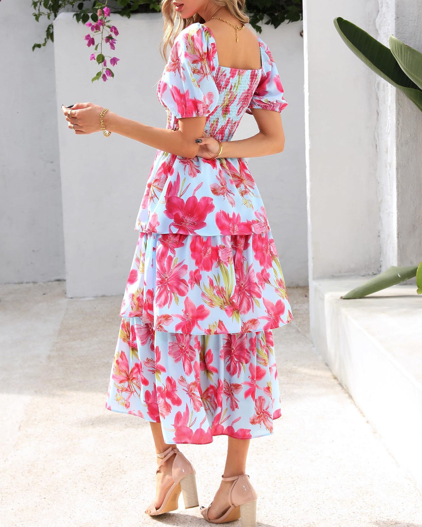 ⏰Summer Hot Sale 70% OFF💃Women's Floral Square Neck Puff Short Sleeve Smocked Tiered Dress