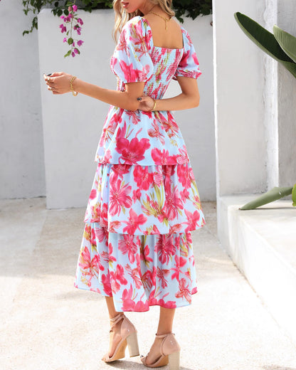 ⏰Summer Hot Sale 70% OFF💃Women's Floral Square Neck Puff Short Sleeve Smocked Tiered Dress