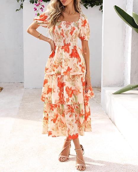 ⏰Summer Hot Sale 70% OFF💃Women's Floral Square Neck Puff Short Sleeve Smocked Tiered Dress