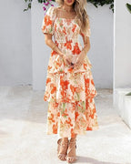 ⏰Summer Hot Sale 70% OFF💃Women's Floral Square Neck Puff Short Sleeve Smocked Tiered Dress