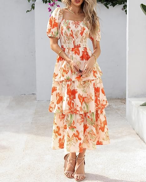 ⏰Summer Hot Sale 70% OFF💃Women's Floral Square Neck Puff Short Sleeve Smocked Tiered Dress
