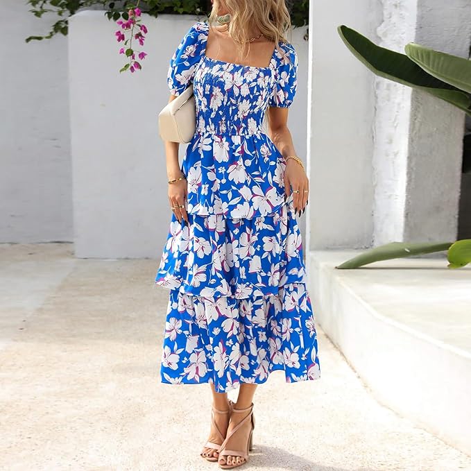 ⏰Summer Hot Sale 70% OFF💃Women's Floral Square Neck Puff Short Sleeve Smocked Tiered Dress