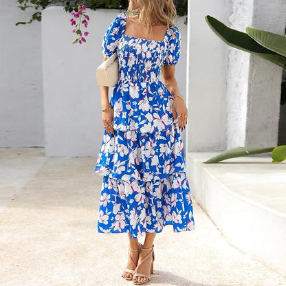 ⏰Summer Hot Sale 70% OFF💃Women's Floral Square Neck Puff Short Sleeve Smocked Tiered Dress