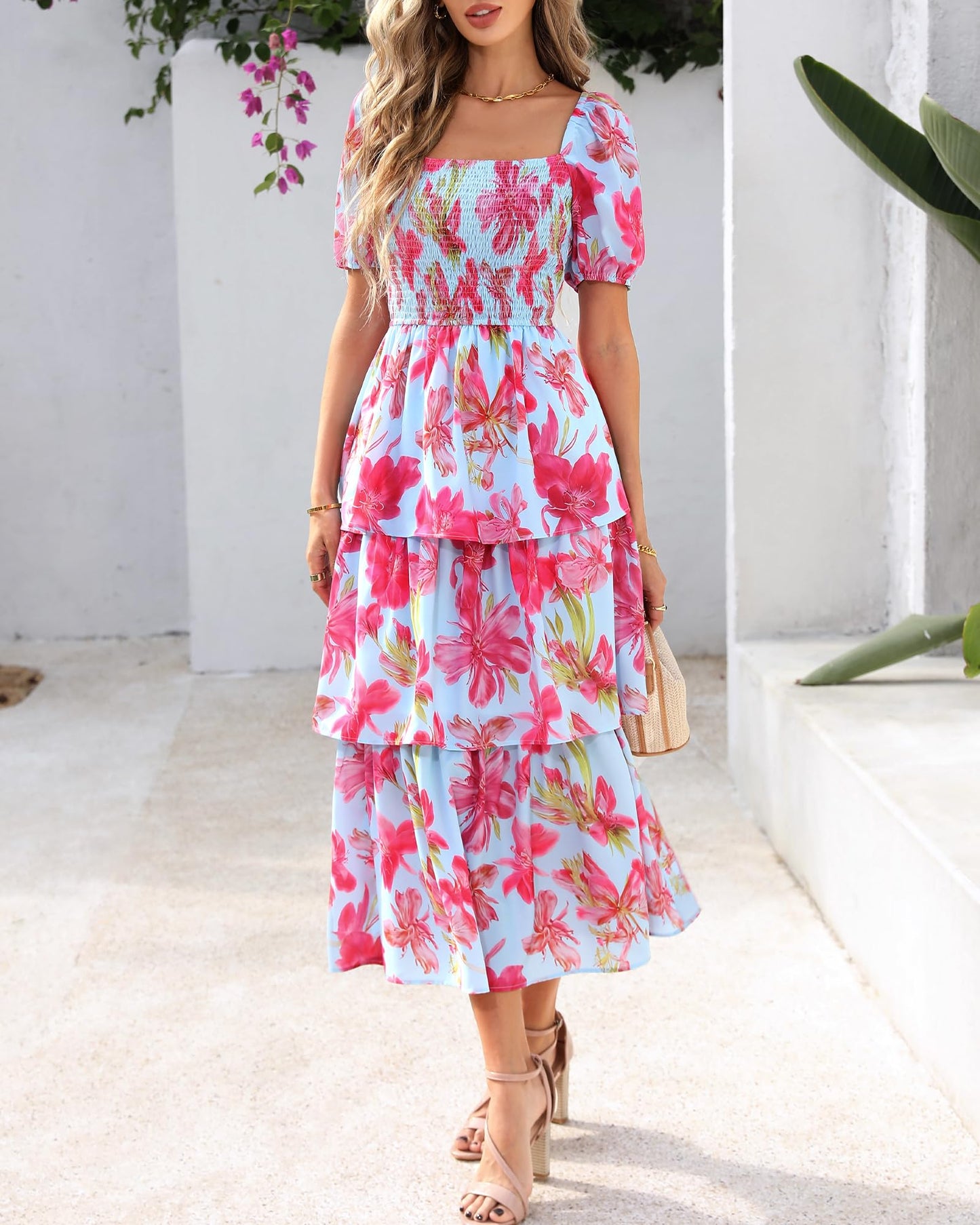 ⏰Summer Hot Sale 70% OFF💃Women's Floral Square Neck Puff Short Sleeve Smocked Tiered Dress