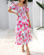 ⏰Summer Hot Sale 70% OFF💃Women's Floral Square Neck Puff Short Sleeve Smocked Tiered Dress