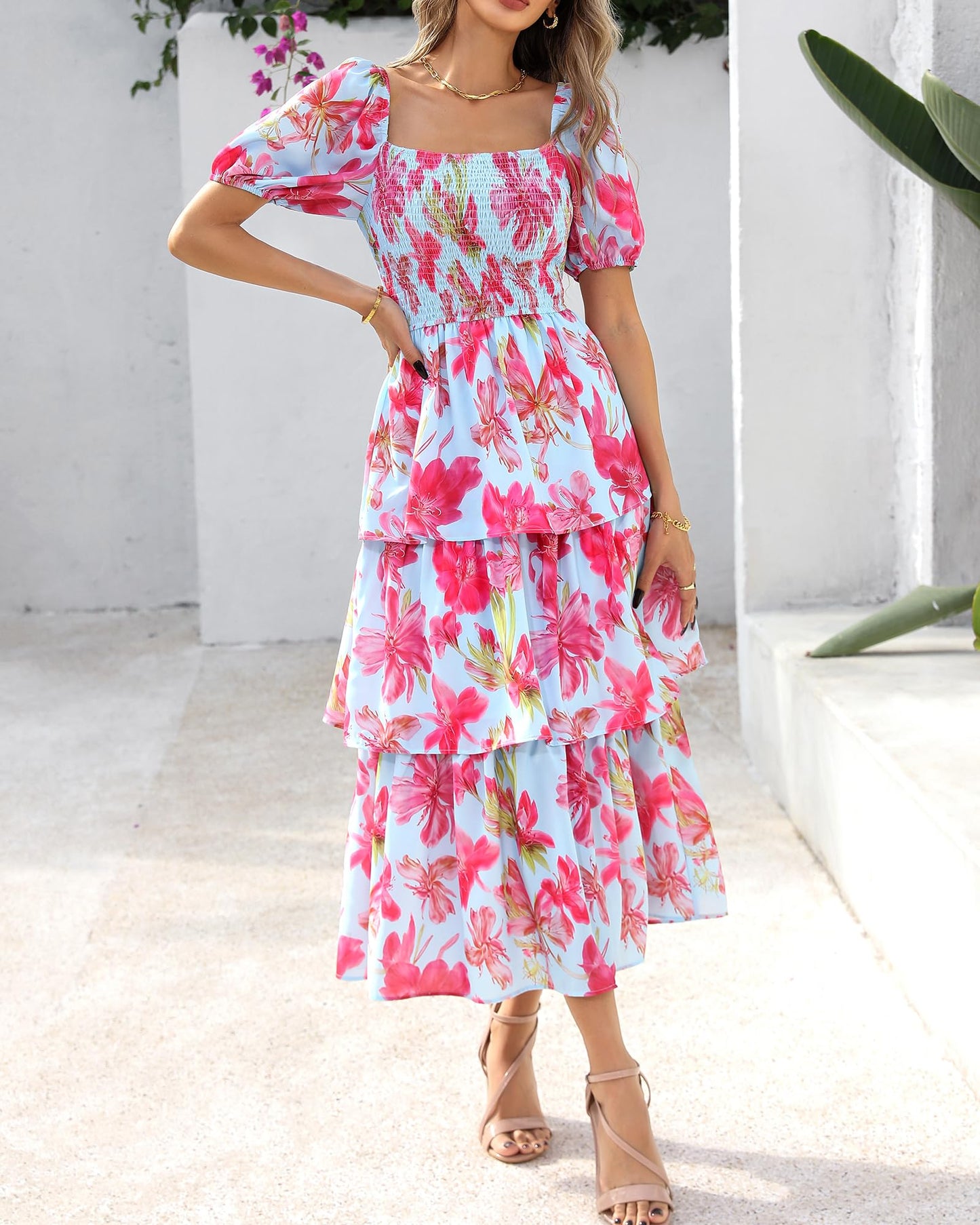 ⏰Summer Hot Sale 70% OFF💃Women's Floral Square Neck Puff Short Sleeve Smocked Tiered Dress