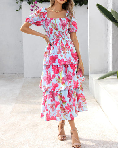 ⏰Summer Hot Sale 70% OFF💃Women's Floral Square Neck Puff Short Sleeve Smocked Tiered Dress