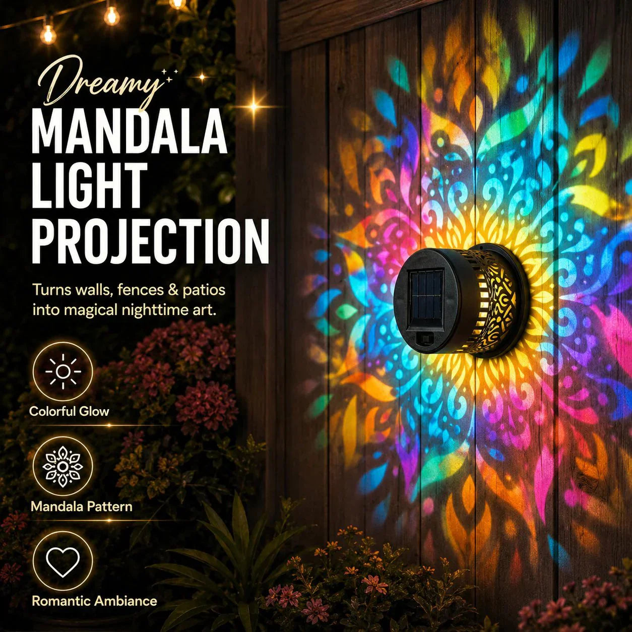 🌀💥Limited Sale Buy 1 Get 1 Free🌞💡Solar Mandala Wall Light Outdoor Garden Fence Projector Lamp Patio Ambient Decor