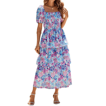 ⏰Summer Hot Sale 70% OFF💃Women's Floral Square Neck Puff Short Sleeve Smocked Tiered Dress