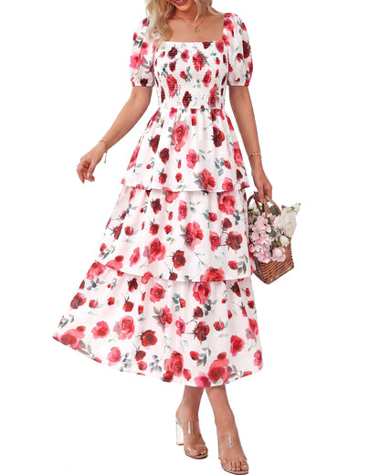 ⏰Summer Hot Sale 70% OFF💃Women's Floral Square Neck Puff Short Sleeve Smocked Tiered Dress