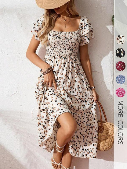 🌈2026 Summer Hot Sale 50% OFF!✨Square Neck Floral Midi Dress – Smocked Bodice, Flowy Tiered Skirt, Romantic 🌸