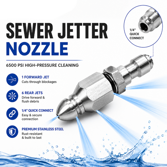 6500 PSI Stainless Steel Sewer Jetter Nozzle – 1/4" Quick Connect Drain Cleaning Attachment for Pressure Washers