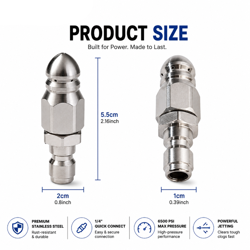 6500 PSI Stainless Steel Sewer Jetter Nozzle – 1/4" Quick Connect Drain Cleaning Attachment for Pressure Washers