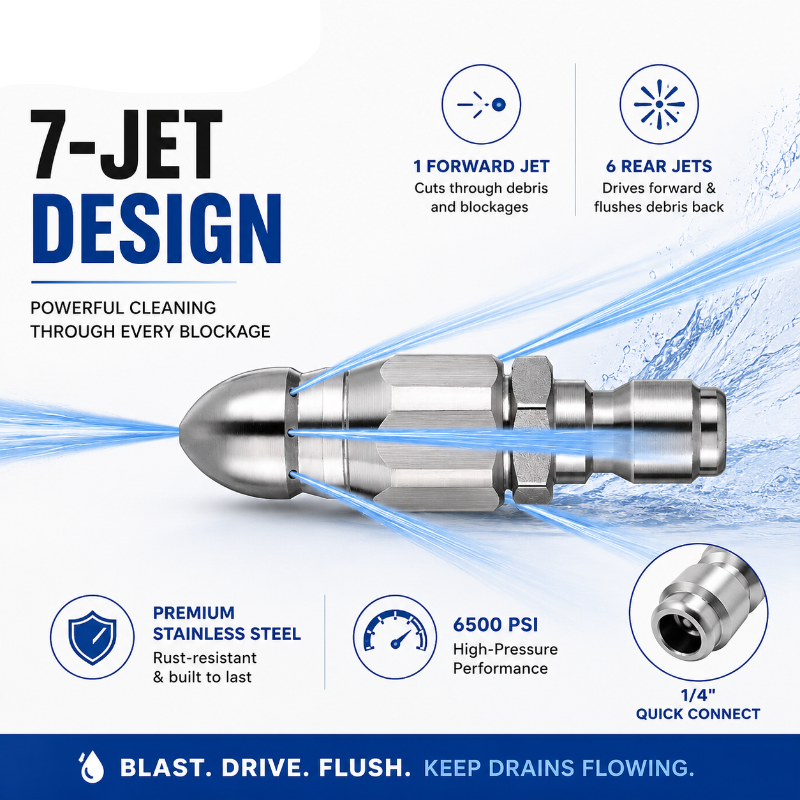 6500 PSI Stainless Steel Sewer Jetter Nozzle – 1/4" Quick Connect Drain Cleaning Attachment for Pressure Washers
