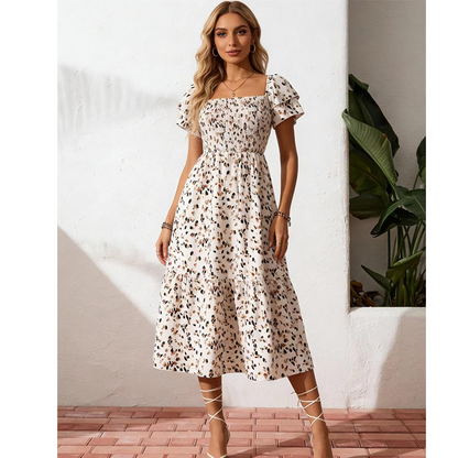 🌈2026 Summer Hot Sale 50% OFF!✨Square Neck Floral Midi Dress – Smocked Bodice, Flowy Tiered Skirt, Romantic 🌸