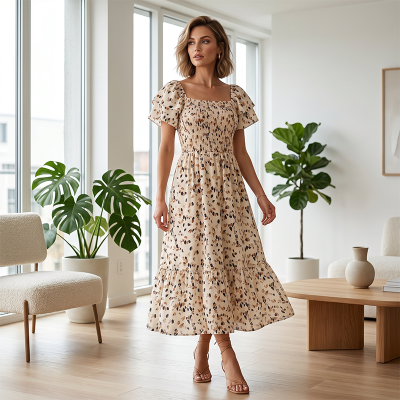 🌈2026 Summer Hot Sale 50% OFF!✨Square Neck Floral Midi Dress – Smocked Bodice, Flowy Tiered Skirt, Romantic 🌸