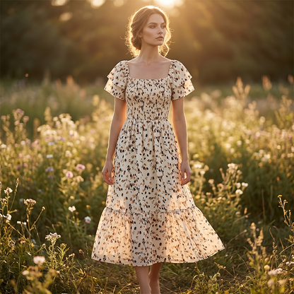 🌈2026 Summer Hot Sale 50% OFF!✨Square Neck Floral Midi Dress – Smocked Bodice, Flowy Tiered Skirt, Romantic 🌸